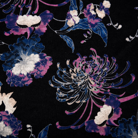 Tricot pour chandail -  LIVIA - Pivoines - Noir / Bleu